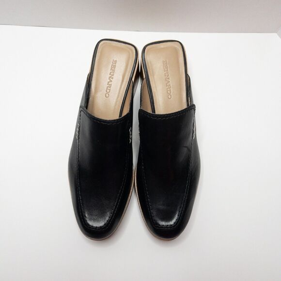 Bernardo Black Leather Block Heel Mules Slides Women’s 10M Square Toe Clogs - Picture 10 of 16